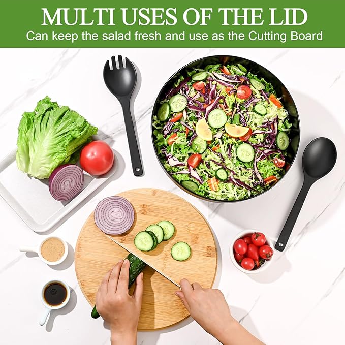 Salad Bowl with Lid, 12" Extra Large Bamboo Fiber Salad Bowl with Servers Set for Kitchen, Nature Bamboo Mixing and Serving Bowl with Lid, Spoon and Fork for Fruits,Salads and Vegetables