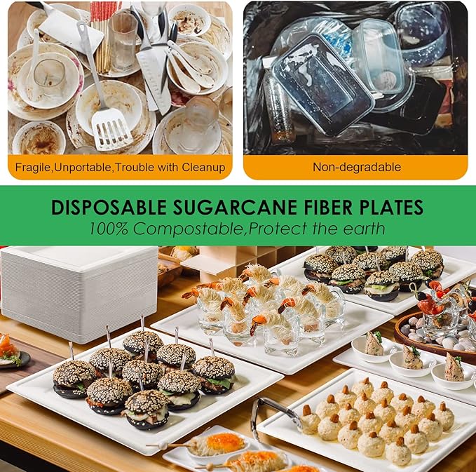 Gezond 100 Pack Compostable Square Paper Plates 10 Inch Disposable Plate Large Square Dinner Plate Biodegradable White Plates for Party