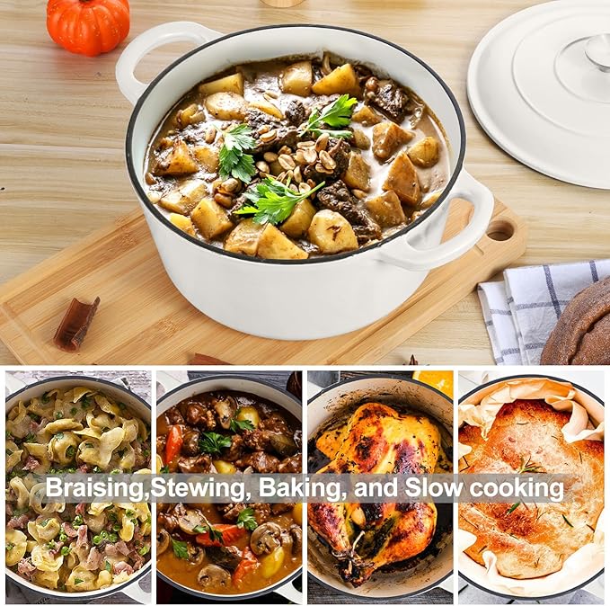 E-far 6 Quart Dutch Oven, Enameled Cast Iron Dutch Oven Pot with Lid, Nonstick Round Cookware for Braising/Stews/Roasting/Bread Baking/Cooking, Heavy Duty, Induction & Oven Safe - White