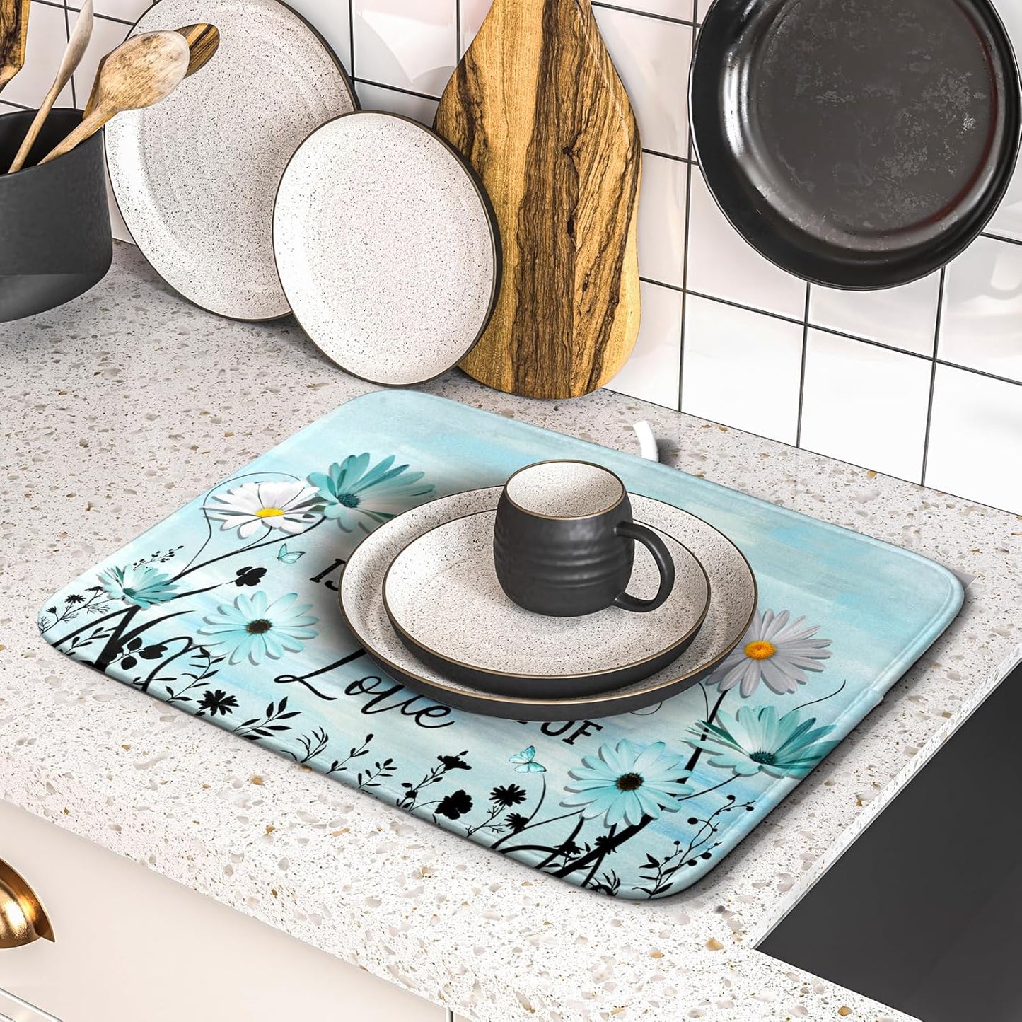 Blue Daisy Dish Drying Mat 16x18 Inch Love Kitchen Absorbent Microfiber Washable Fast Drying Pad Dishes Rack Mat for Kitchen Counter