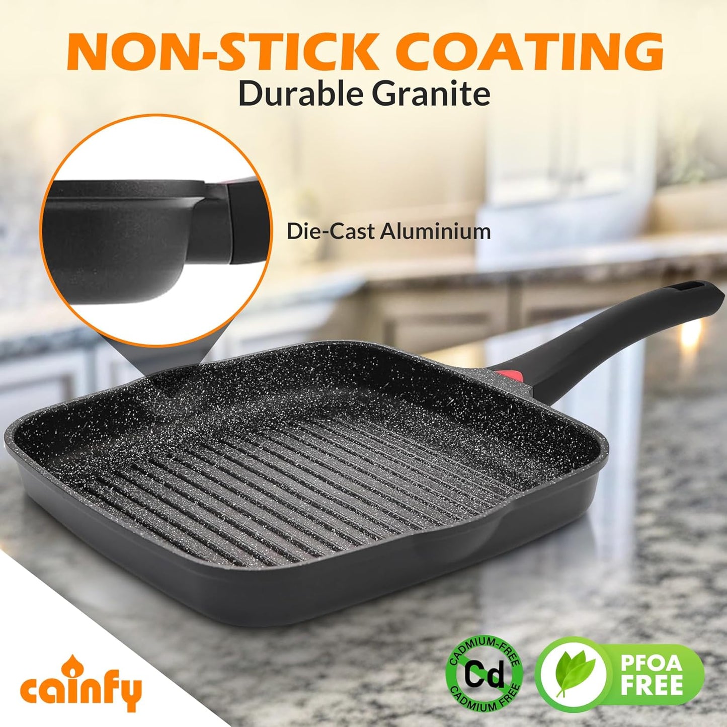 11 Inch Non Stick Grill Pan Granite Coated with Pour Spout - Lightweight 2.66 Quart Grill Pan for Indoor Cooking with Grip Handle - Induction Compatible PFOA Free Stove Top (Black)