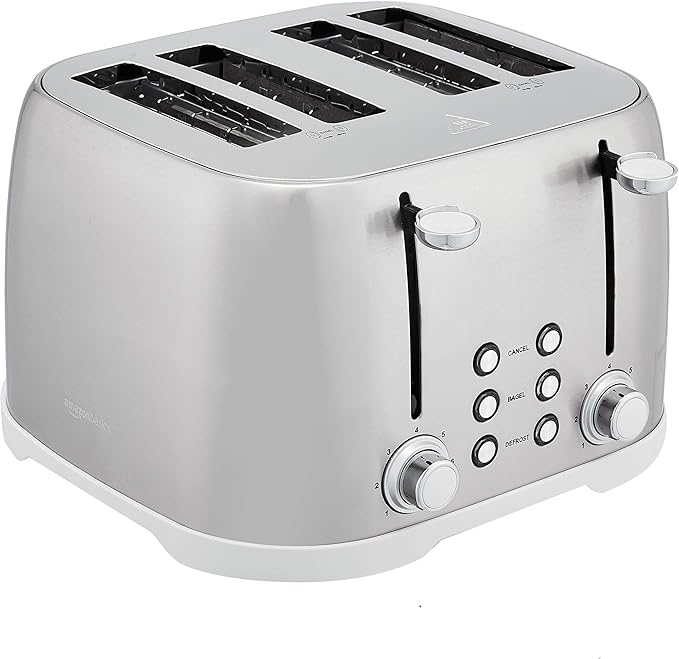 Amazon Basics 4 Slice Toaster with 6 Browning Settings, Removable Easy-to-Clean Crumb Tray, Cancel Button, 1600W, Brushed Silver