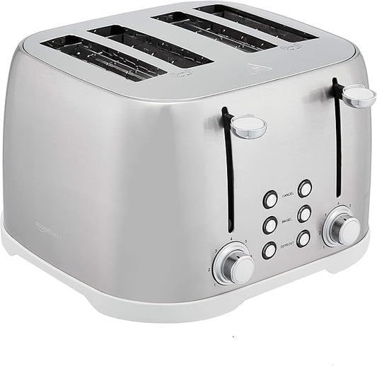 Amazon Basics 4 Slice Toaster with 6 Browning Settings, Removable Easy-to-Clean Crumb Tray, Cancel Button, 1600W, Brushed Silver