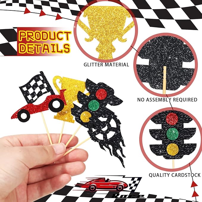 Gersoniel 49 Pack Two Fast Cake Toppers Cake Decoration Double Sided Trophy Flag Race Car Birthday Party Supplies