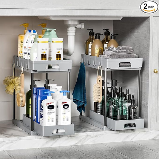 Delamu Under Sink Organizers and Storage, 2 Pack Pull Out Kitchen Bathroom Cabinet Organizer, 2 Tier Grey Under Sink Storage for Bathroom Kitchen