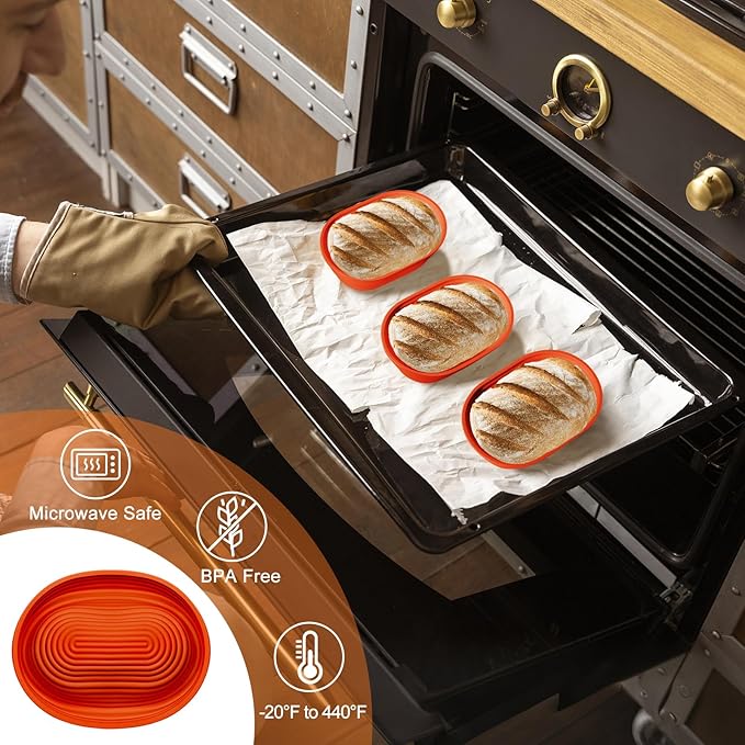 Silicone Banneton, Sourdough Bread Baskets (Set of 6, 6.5 Inch), Oval Proofing Bread Bowls with Starter Kit, Bread Making Baking Supplies