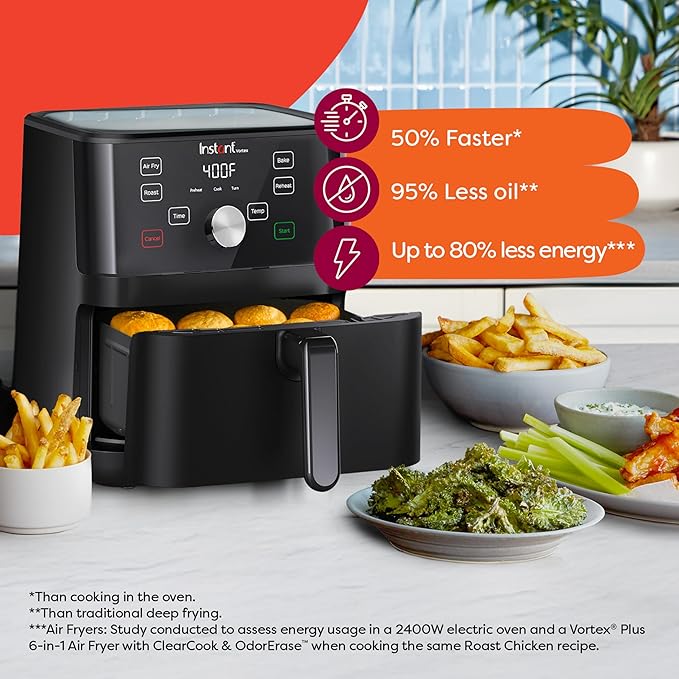 Instant Pot Vortex 6QT XL Air Fryer, 4-in-1 Functions that Crisps, Roasts, Reheats, Bakes for Quick Easy Meals, 100+ In-App Recipes, is Dishwasher-Safe, from the Makers of Instant Pot, Black
