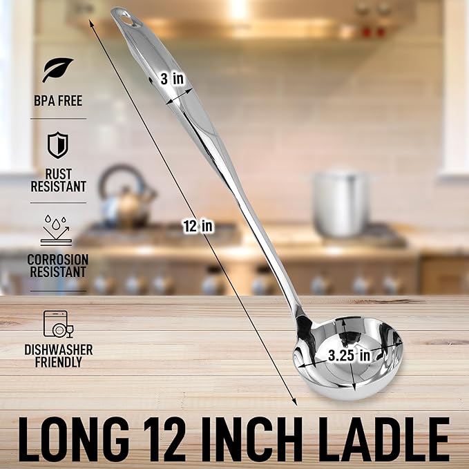 Zulay Kitchen Stainless Steel Cooking Utensil - Stainless Steel Kitchen Utensil, Durable Kitchen Gadgets, Metal Kitchen Accessories, Easy to Clean Kitchen Tools - 13 inch Soup Ladle