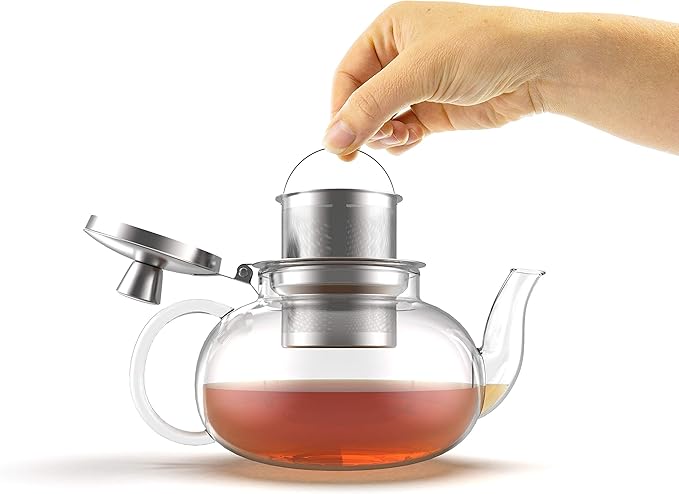 Glass Teapot Stovetop Compatible Kettle with Stainless Steel Removable Infuser, Loose Leaf Tea, Stovetop Safe Tea Pot and Strainer (27 Ounce)