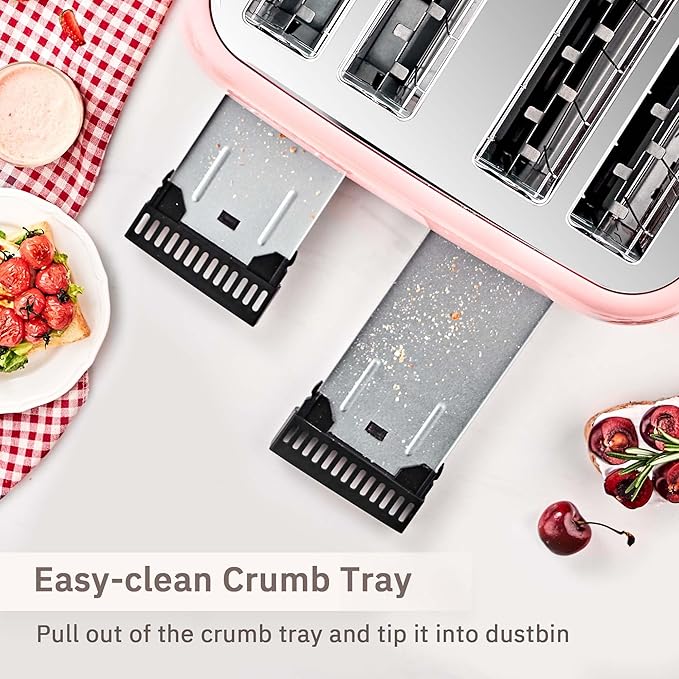 Toaster 4 Slice Retro Stainless Steel with Extra Wide Slots Bagel, Defrost, Reheat Function, Dual Independent Control Panel, Removable Crumb Tray, 6 Browning Levels, Pink