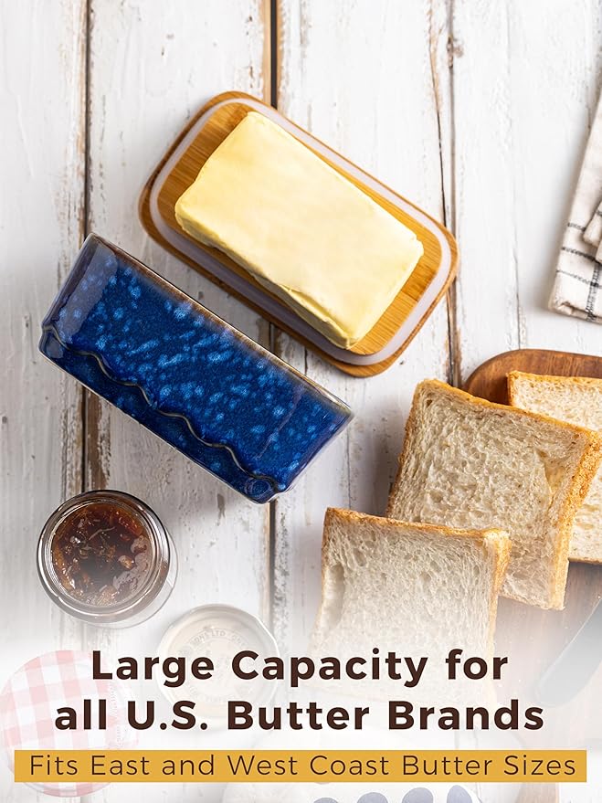 Ceramic Butter Dish with Lid, Covered Butter Dish for Countertop, Airtight Butter Holder Crock with Airtight Seal, HoneyBee Kitchen Decor, Blue