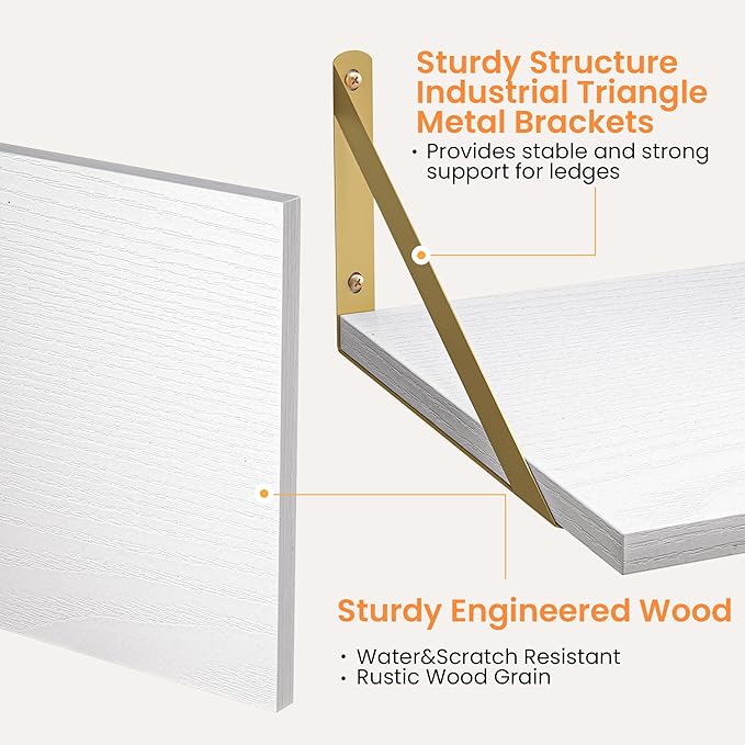 Heimlove Deep Floating Shelves for Wall, 16W x 12D Wood Wall Shelves Set of 2, Wide Floating Bookshelf for Living Room, Kitchen, Office, Bedroom and Decor Storage, with Golden Bracket - White & Gold