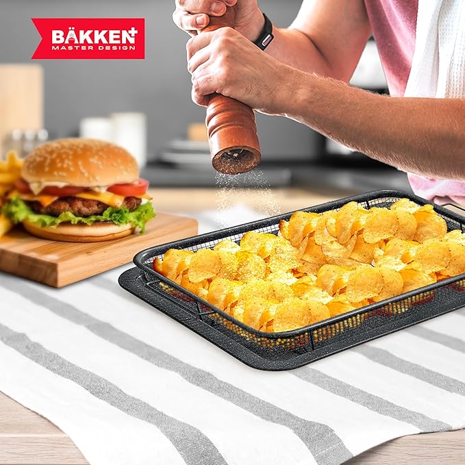 Crisper Tray Gray marble Coating - 2-Piece Set, Non-Stick Basket Design for Healthier Cooking in Regular Ovens - Make Great Crispy Food, Bacon and More, Extra Large Size 19" x 13"