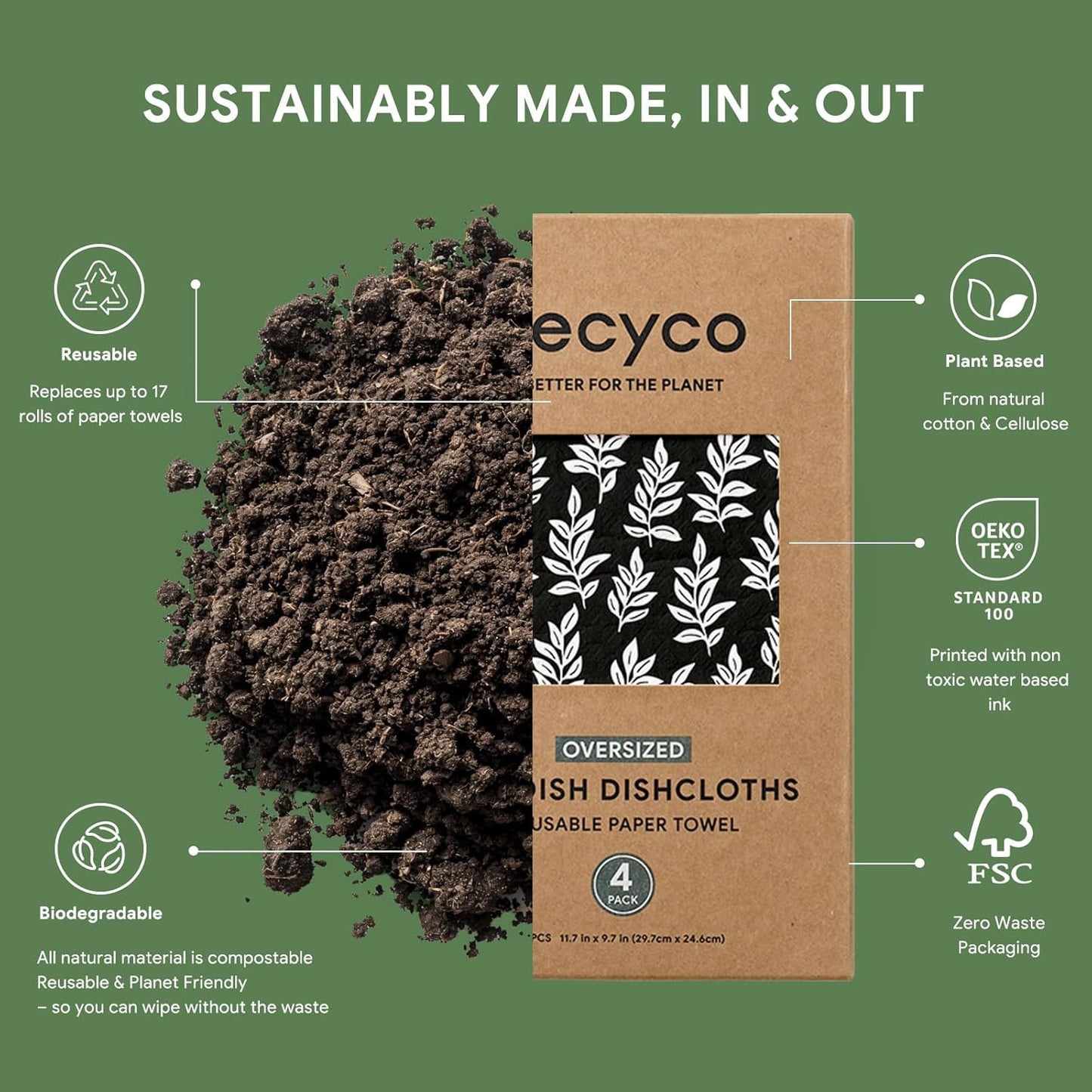 RECYCO Swedish Dishcloths for Kitchen | 4 Pack Oversized Washable Dish Rags | Large Cellulose Reusable Cleaning Paper Towels | Absorbent Counter Dish Cloth Sponge XL Kitchen Wipes, 12" L x 10" W