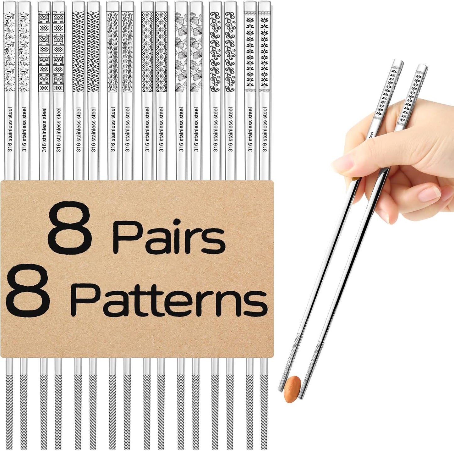 8 Pairs Metal Chopsticks Reusable 18/10 Stainless Steel Chopsticks Set Cute Laser Engraved Non-slip Japanese Korean Chinese Chopstick for Cooking Eating Dishwasher Safe 9.25" Chop Sticks Gift Set