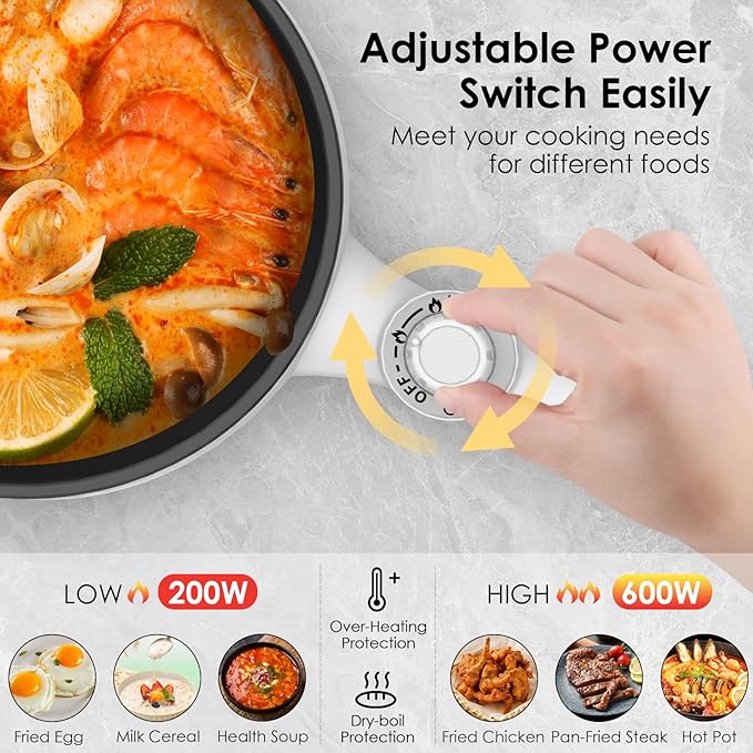 Audecook Hot Pot Electric, 1.7L Mini Electric Skillet Portable Nonstick Sauté Pan with Power Adjustment, Rapid Noodles Cooker Travel Multicooker for Steak/Soup/Egg/Oatmeal/Noodles