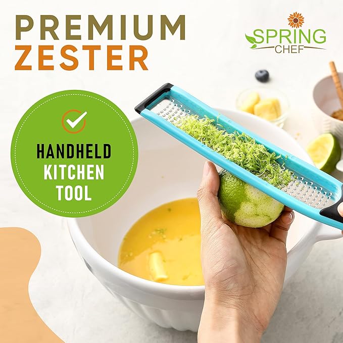 Spring Chef Premium Lemon Zester Grater with Handle - Fruits, Garlic, Chocolate, Nutmeg, Ginger Grater - Heavy Duty Kitchen Tool - Stainless Steel Citrus Zester with Blade Cover - Fine Shred, Aqua Sky