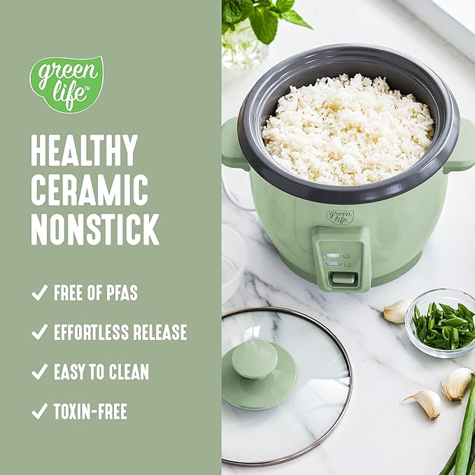 GreenLife Electric Rice Cooker, 3-Cups Uncooked/6-Cups Cooked, Removable PFAS-Free Nonstick Pot, One-Switch Design, Auto Keep Warm, Small Space Saving, Rice Paddle, Soup, Grains, Oatmeal, 1.5 QT, Green