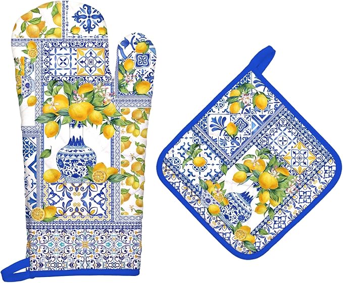Yellow Lemon Oven Mitts and Pot Holders Sets 2Pcs, 100% Cotton Heat Resistant, Extra Long Oven Gloves Potholder for Kitchen Cooking Baking Decoration