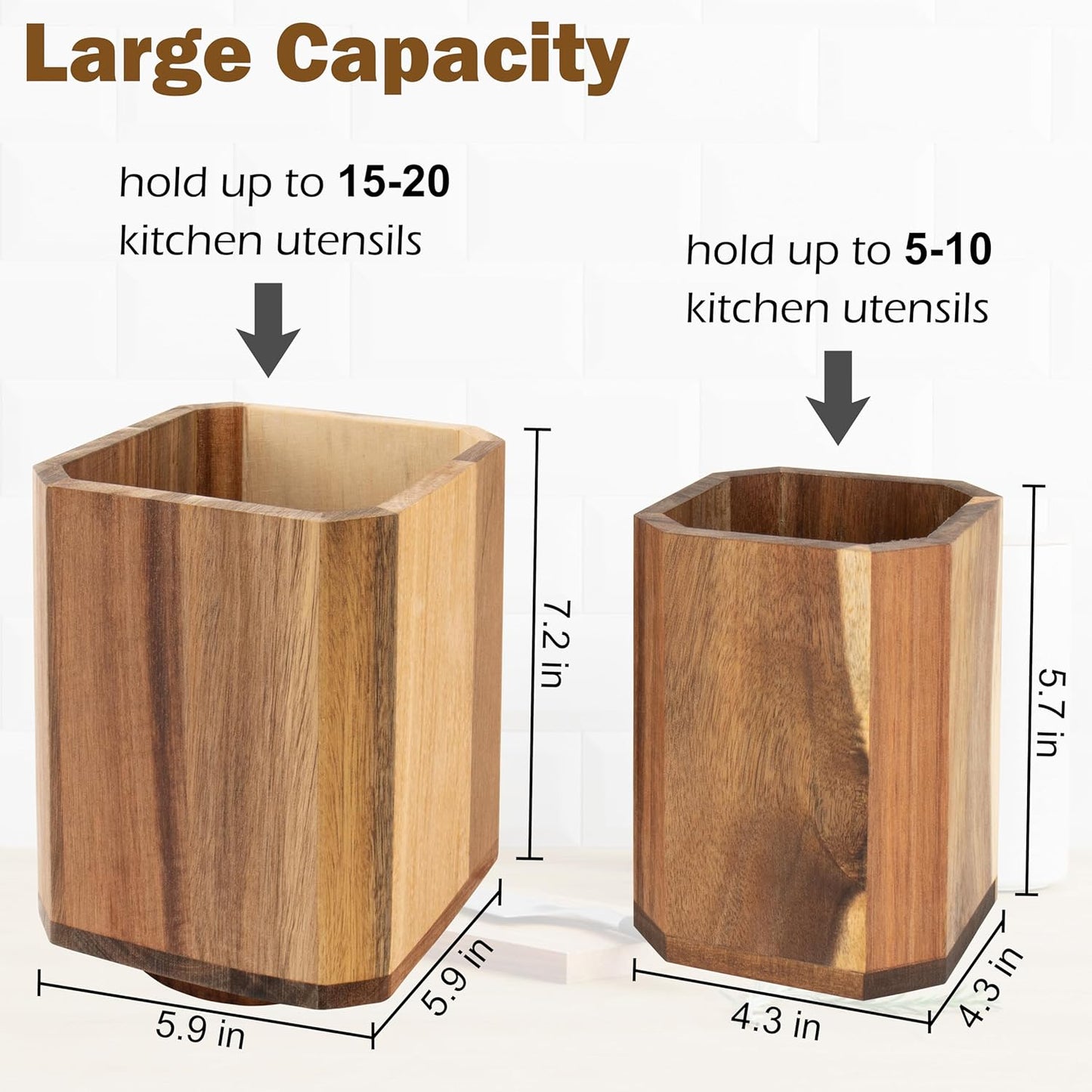 RedCall 2 Pack Acacia Wood Utensil Holder, 360° Rotating Large Cooking Utensil Organizer, Kitchen Tool Storage for Countertop,Spoon Spatula Holder for Kitchen Counter,Farmhouse Decor