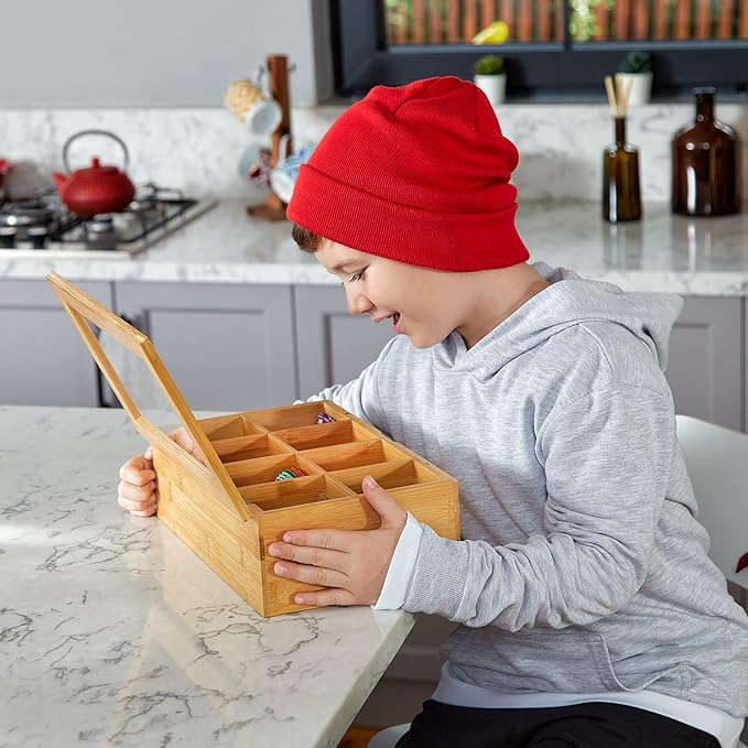 RoyalHouse Big Natural Bamboo Tea Storage Organizer with Clear Acrylic Top Window, 8 Compartments Eco-Friendly Tea Bag Holder, Multi-Functional Storage Box