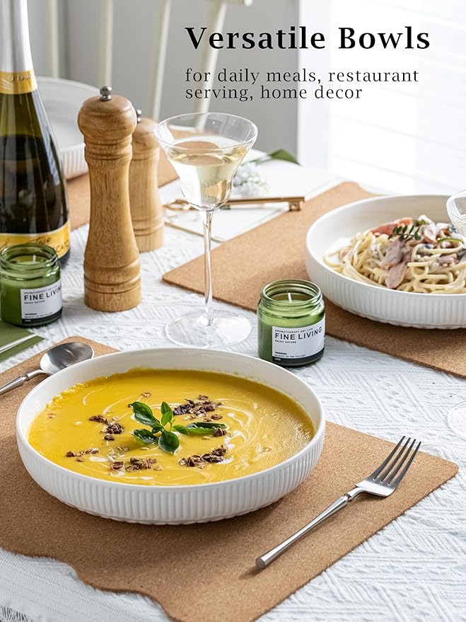 YHOSSEUN 9.75" Pasta Bowls Set of 4, 50 OZ Large Salad Serving Bowls Pasta Plates, White Soup Bowl for Kitchen Meal Prep, Ceramic Shallow Dishes Dinner Bowl, Clover Stripe