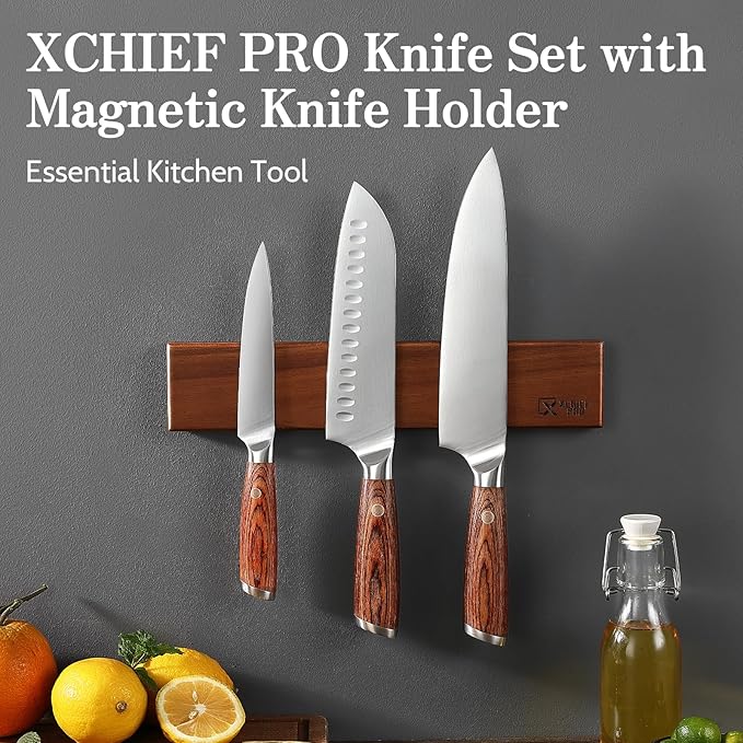 Kitchen Knife Set with Magnetic Holder, 4 Pieces Japanese High Carbon Stainless Steel Chef Cooking Knife Set, Ultra Sharp Professional Chef Santoku Utility Knives (Silver)