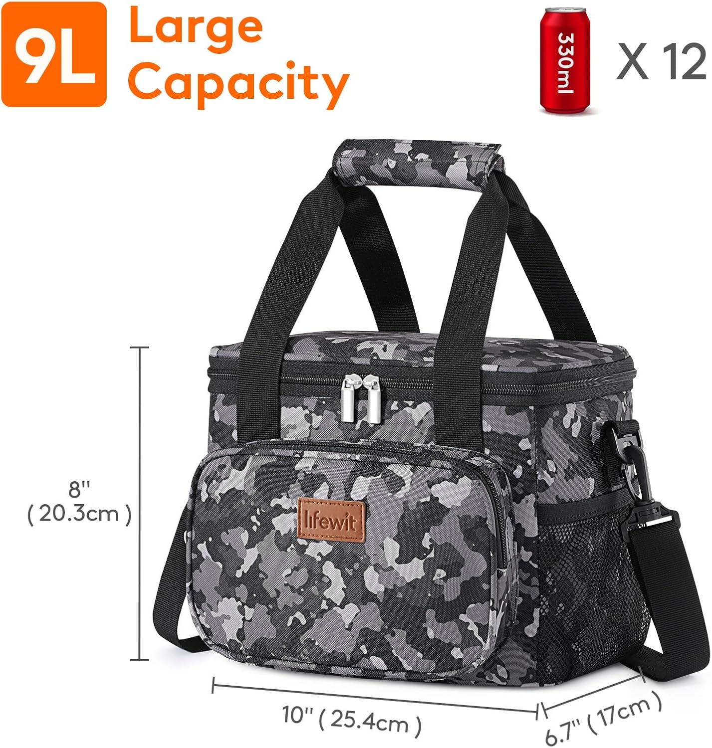 Lifewit Medium Lunch Bag Insulated Lunch Box Soft Cooler Cooling Tote for Adult Men Women, Black Camo 12-Can (9L)