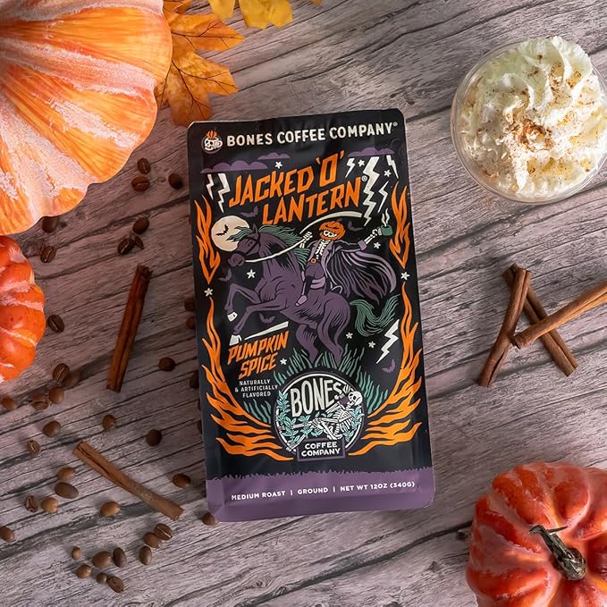 Bones Coffee Company Jacked 'O' Lantern, Pumpkin Spice Flavored Coffee, Medium Roast Low Acid Arabica Beans Compatible with Auto drip and French Press Coffee Maker, 12 Oz Ground