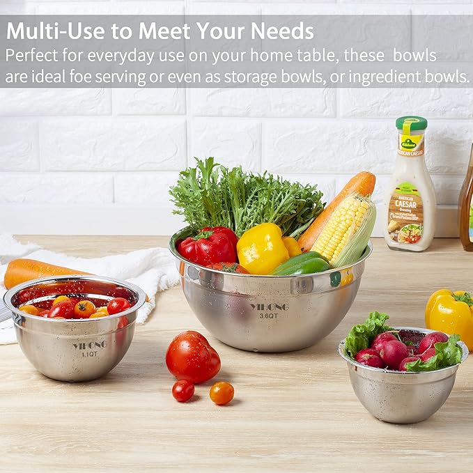 YIHONG Stainless Steel Mixing Bowls Set, 7 Piece Metal Mixing Bowls with Lids Set for Kitchen, Nesting Steel Mixing Bowls Ideal for Baking, Prepping, Cooking, and Serving Food(White)