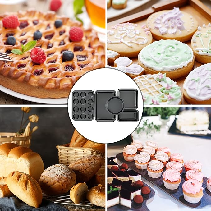 Kitchen 5-Piece Nonstick Bakeware Set - Round/Square Cake Pans, Muffin Pan, Loaf Pan, Roast Pan & Baking Sheets