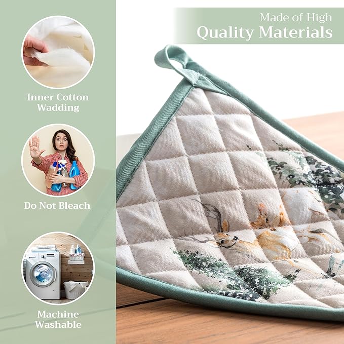 Maison d' Hermine Pot Holders Set 100% Cotton Heat Resistant Potholders 8" x 8" Hot Pads with Loop BBQ, Cooking, Baking, Grilling, Kitchen, Handling Hot Pans (Pack of 2, Deer in The Woods)