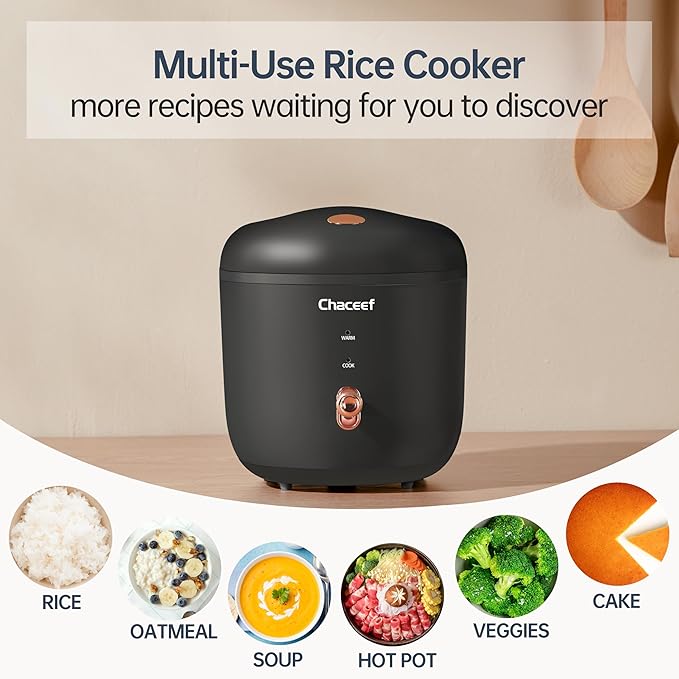 CHACEEF Mini Rice Cooker 2 Cups Uncooked, 1.2L Rice Cooker Small with Non-stick Pot, Portable Travel Rice Maker with One Touch & Keep Warm Function,White Rice, Brown Rice, Oatmeal, Black