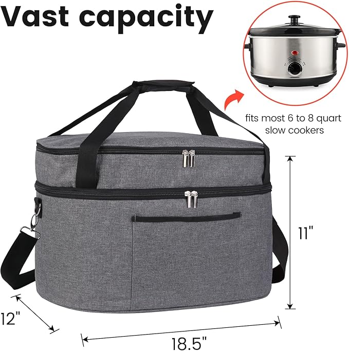 MUSBUS 2 Layer Slow cooker bag for Crock-Pot 6-8 quart, Travel reunionc outdoor, Easy to transport Insulation water proof easy cleaning to carry, Family Gathering Potluck, Gift for Women - Grey