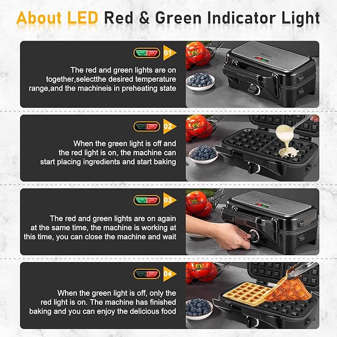 Waffle Makers, 3-in-1 Waffle Iron Panini Press Sandwich Maker with Removable Plates, 5-gears Temperature Control Non Stick Coating Cool Touch Handle Anti-skid Feet for Breakfast 1200W 120V