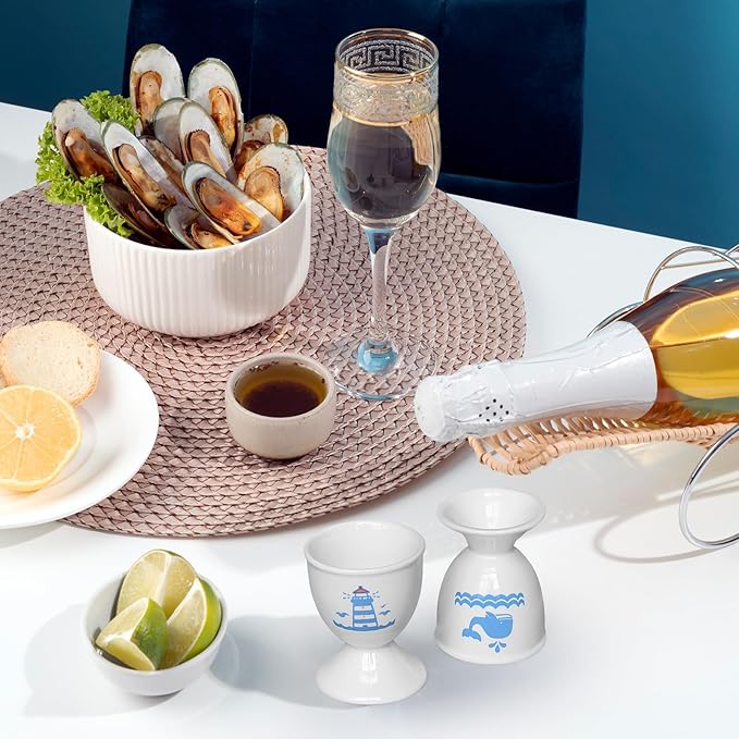 Cinf Ceramic Egg Cup Set of 2 Porcelain Holder Breakfast Boiled Cooking Easy to Clean Childhood Memories Kitchen(Lighthouse Whale)