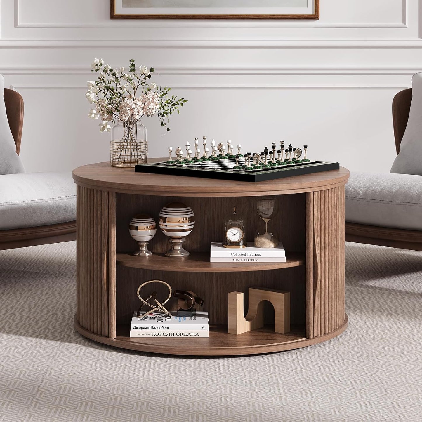 Lift Top Coffee Table,31.5” Mid Century Modern Center Table with Hidden Storage,Round Fluted Coffee Tables for Living Room, Home Office,Walnut