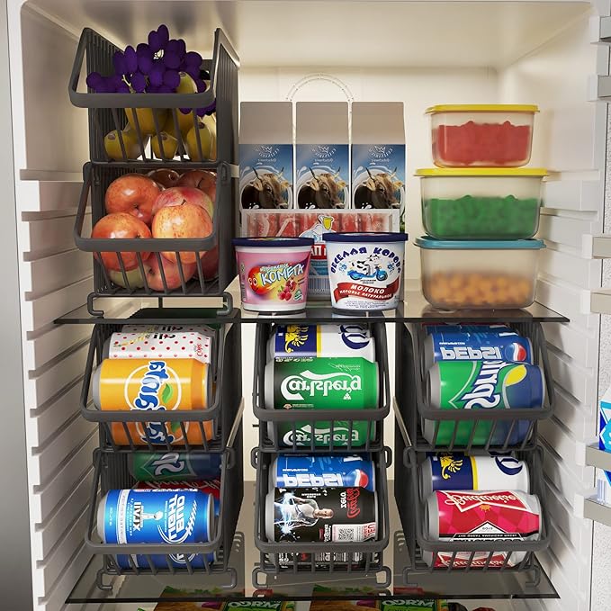GILLAS 8 Pack Stackable Soda Can Organizer for Refrigerator, Can Holder Dispenser, Canned Food Storage Rack for Fridge, Kitchen, Countertops, Cabinets, Black