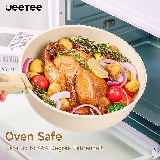JEETEE Pots and Pan Set Non Stick 25pcs, Cookware Set with Removable Handle, Induction Kitchen Cooking Sets with Detachable Handle, RV Camping Stackable Pots Pans, Oven Safe, PFOA Free, Beige