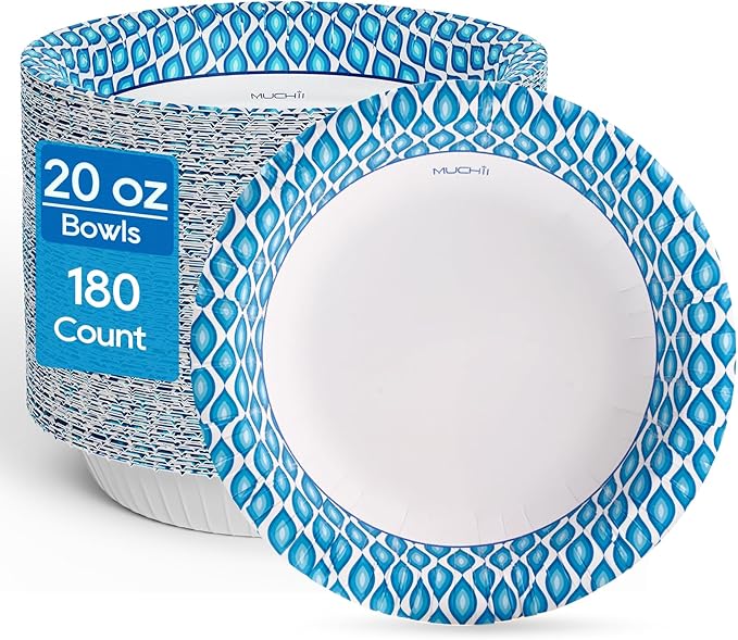 MUCHII 20 Oz Paper Bowls 180 Count Disposable Bowls, Printed Soak Proof Large Bowls for Breakfast, Lunch, and Dinner Meals