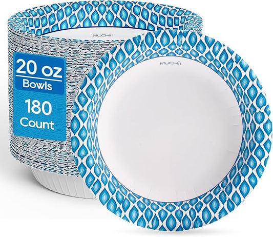 MUCHII 20 Oz Paper Bowls 180 Count Disposable Bowls, Printed Soak Proof Large Bowls for Breakfast, Lunch, and Dinner Meals