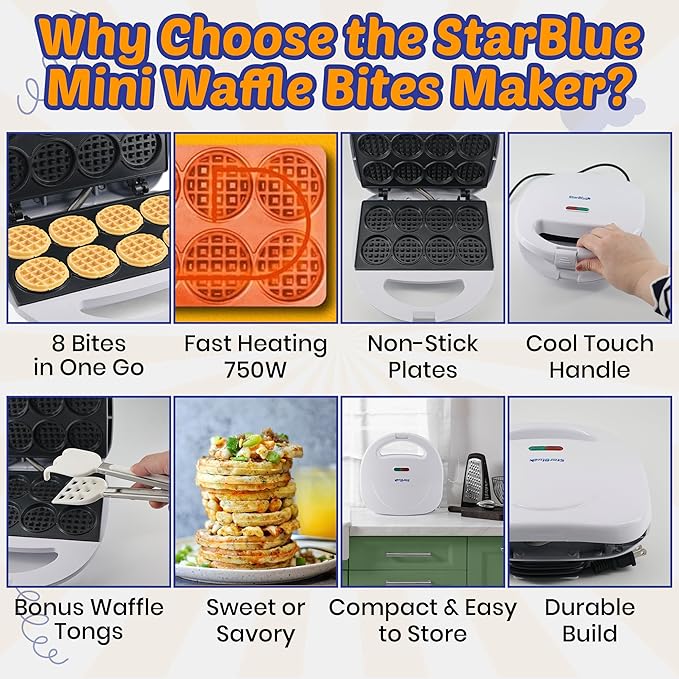 StarBlue Mini Waffle Bites Maker with FREE Waffle Tongs - 8 x 2” Tiny Waffle Bites, Non-Stick, Fast Heating, Perfect for Kids’ Breakfast, Snacks, Compact & Easy to Clean, White, 120V 60Hz 750W