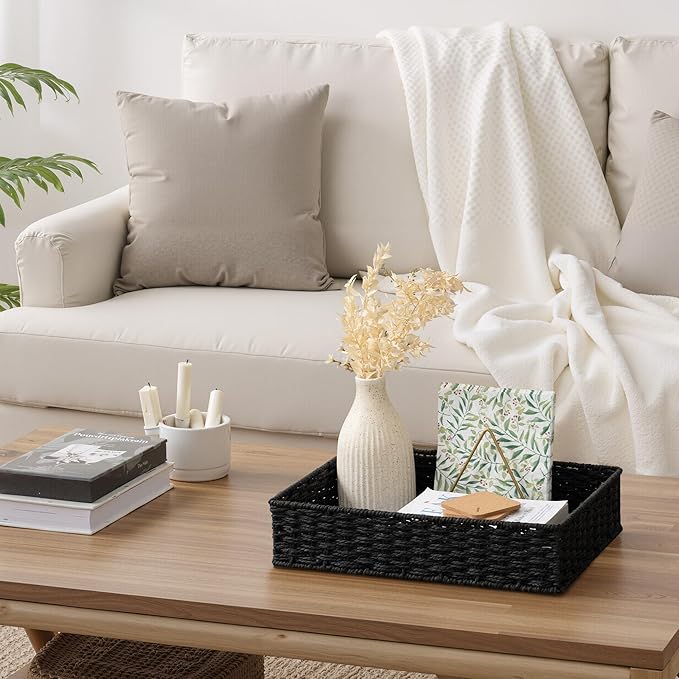 StorageWorks Bathroom Vanity Tray for Countertop, Bathroom Counter Tray for Decorative, Toilet Paper Baskets, Black, Larger, 2 Pack