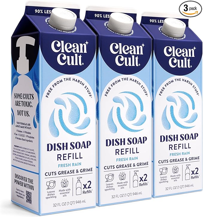 Cleancult Dish Soap Liquid Refill (32oz, 3 Pack) - Plant Based Cleaning Power - Dish Soap that Cuts Grease & Grime - Free of Harsh Chemicals - Uses 90% Less Plastic - Fresh Rain