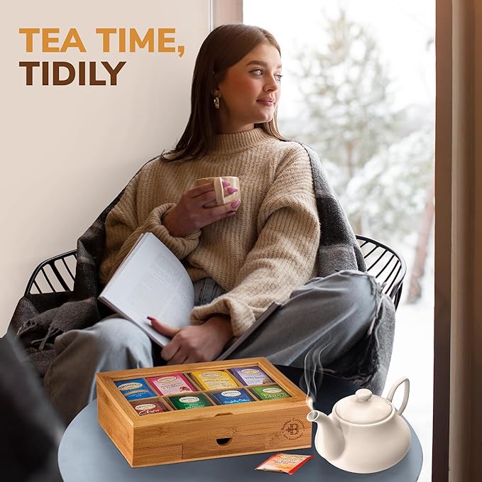Bambüsi Personalized Tea Organizer - Engraved Bamboo Tea Box, 8 Compartments, Acrylic Window, Magnetic Lid - Unique Gift for Tea Enthusiasts