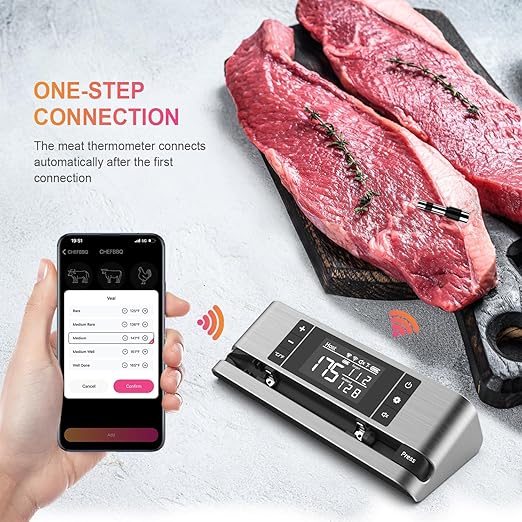 Wireless Smart Meat Thermometer with Dual-Sensor Probe, 500FT Remote Monitoring, Dedicated App, Real-Time Ambient and Food Temperature Tracking for Precise Cooking Control