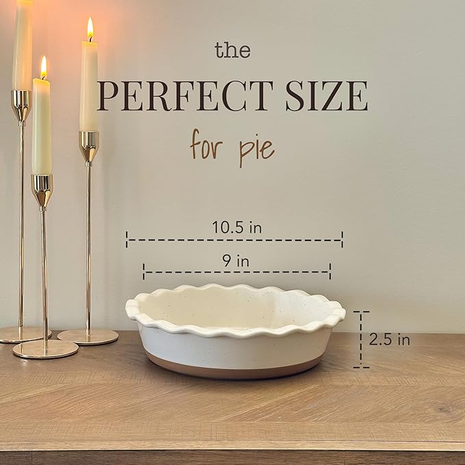 Mora Ceramic Deep Fluted Pie Dish for Baking - 9 inch Porcelain Pie Plate for Apple, Quiche, Pot Pies, Tart, etc. - Modern Farmhouse Style - Vanilla White