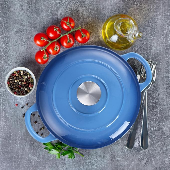 3 Qt Enameled Cast Iron Dutch Oven with Lid, E-far Small Round Nonstick Dutch Oven Pot for Bread Baking Braising Stews Roasting Cooking, Heavy Duty, Induction & Oven Safe - Blue