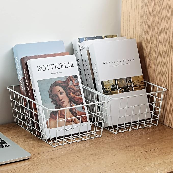 11" Upright Freezer Storage Baskets, White Wire Storage Bins Small Bakset for Freezer, Pantry, Bathroom Organizing, Set of 4