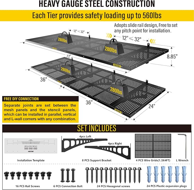 4-pack 2x3ft Adjustable Garage Wall Shelving 1120lbs Load Capacity Heavy Duty Wall Mounted Storage Shelf Metal Floating Shelves for Garage(Black)